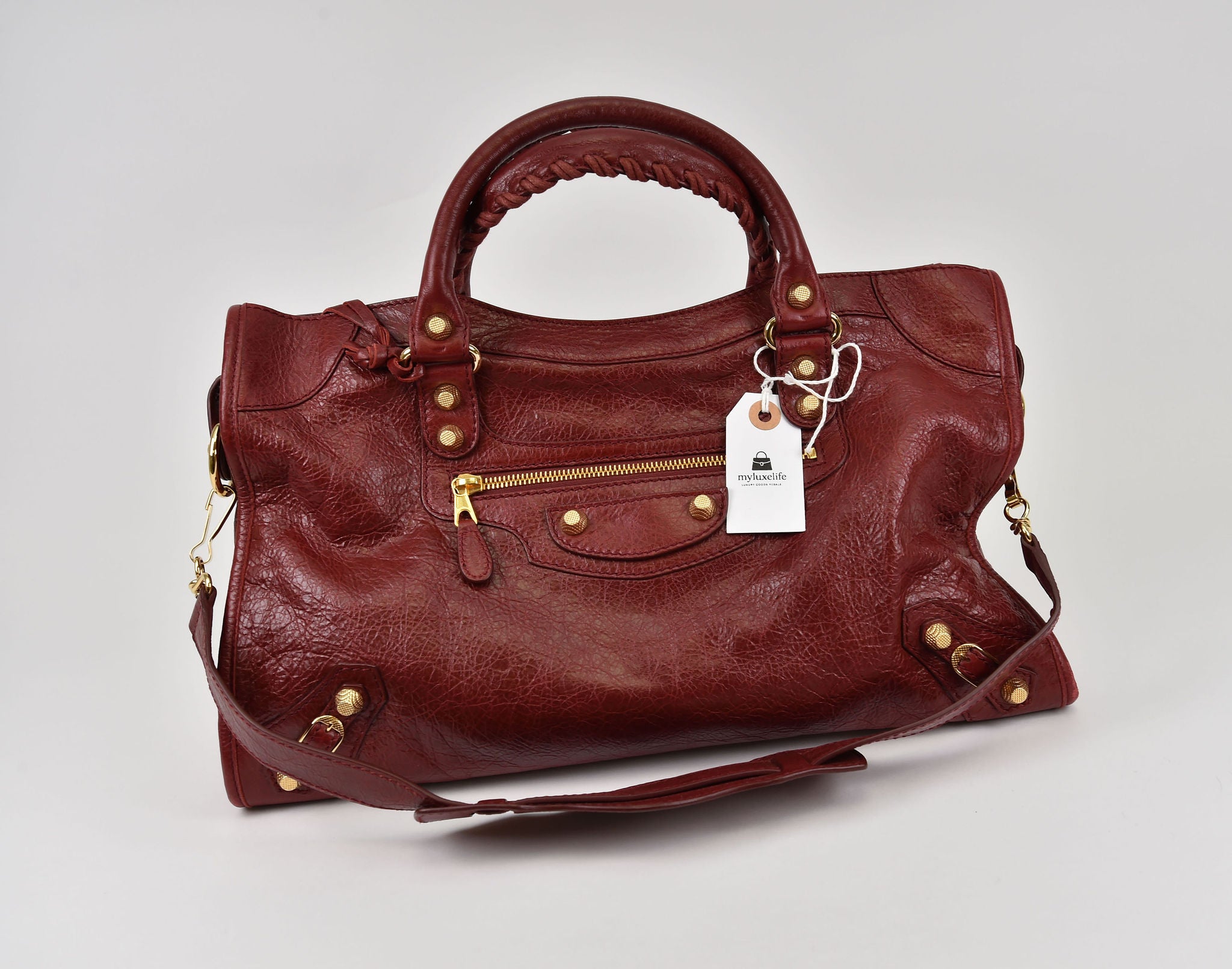 Pristine Balenciaga City Bag in Burgundy leather with gold hardware