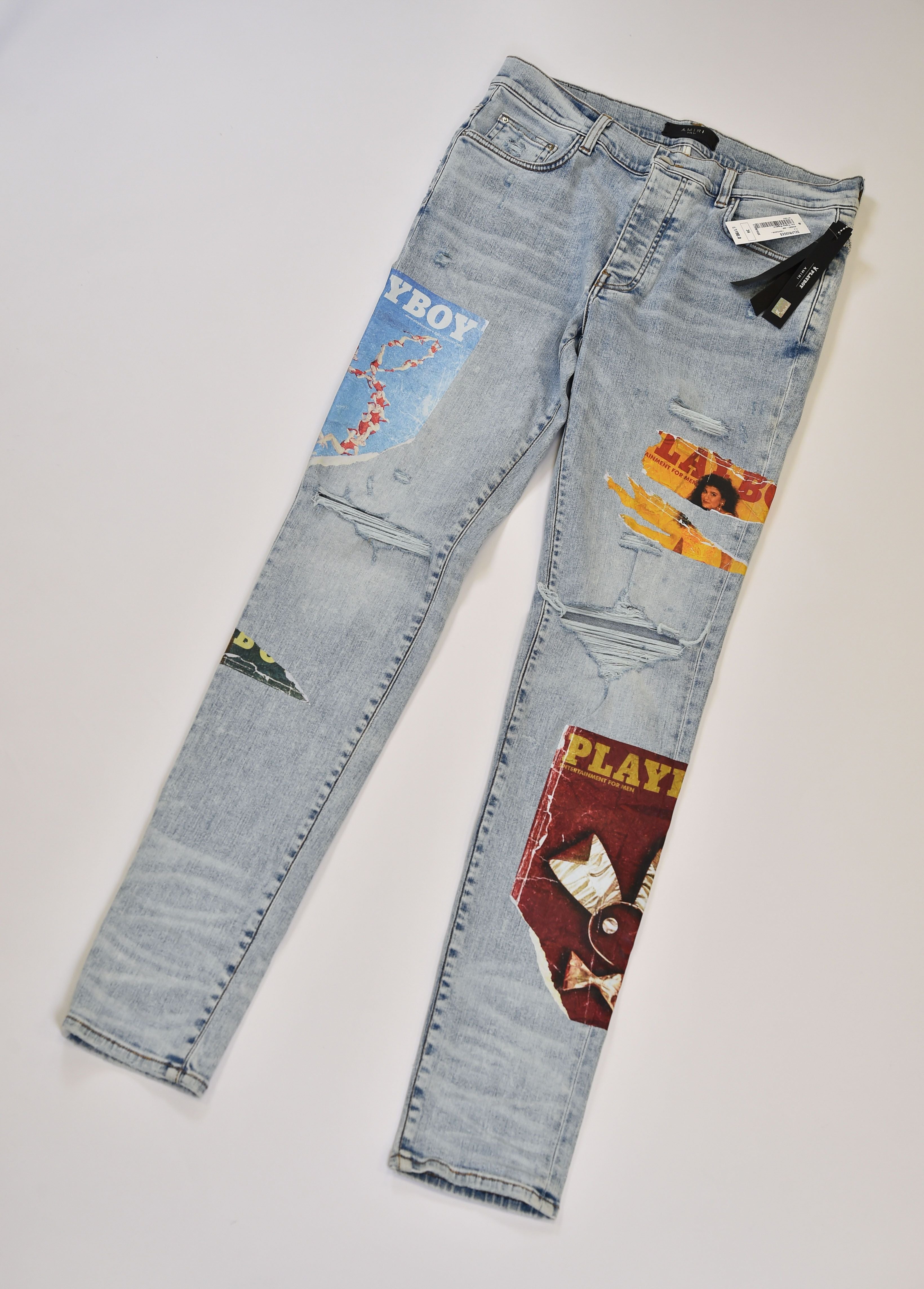 Amiri MX1-Style Distressed Skinny Jeans with Patchwork Appliqué (Eagle / Peace / Wild Ones) - Image 2