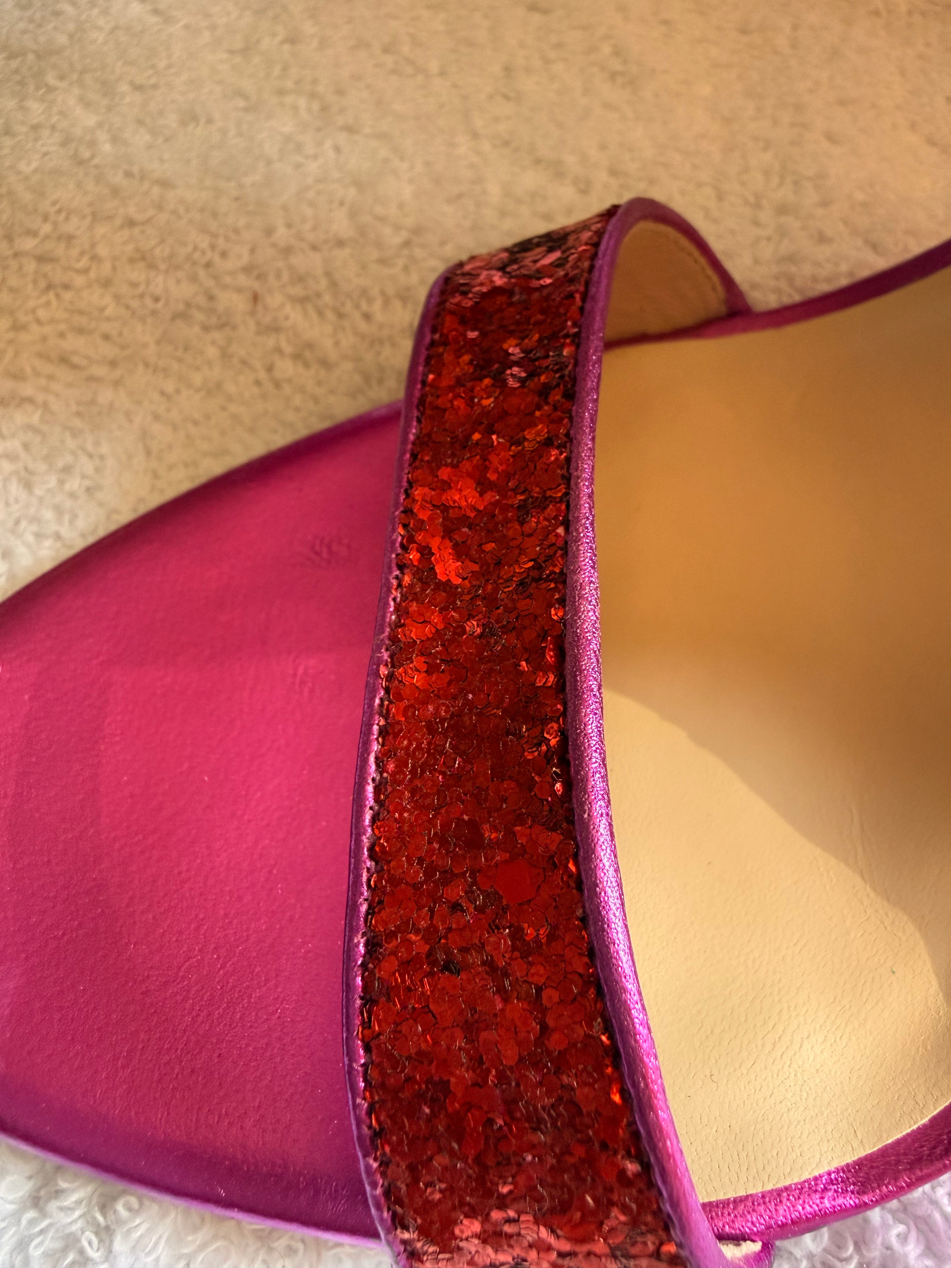 Sophia Webster Fuchsia Pink Glitter Ankle-Strap Heeled Sandals - Excellent Unworn Condition, Boxed