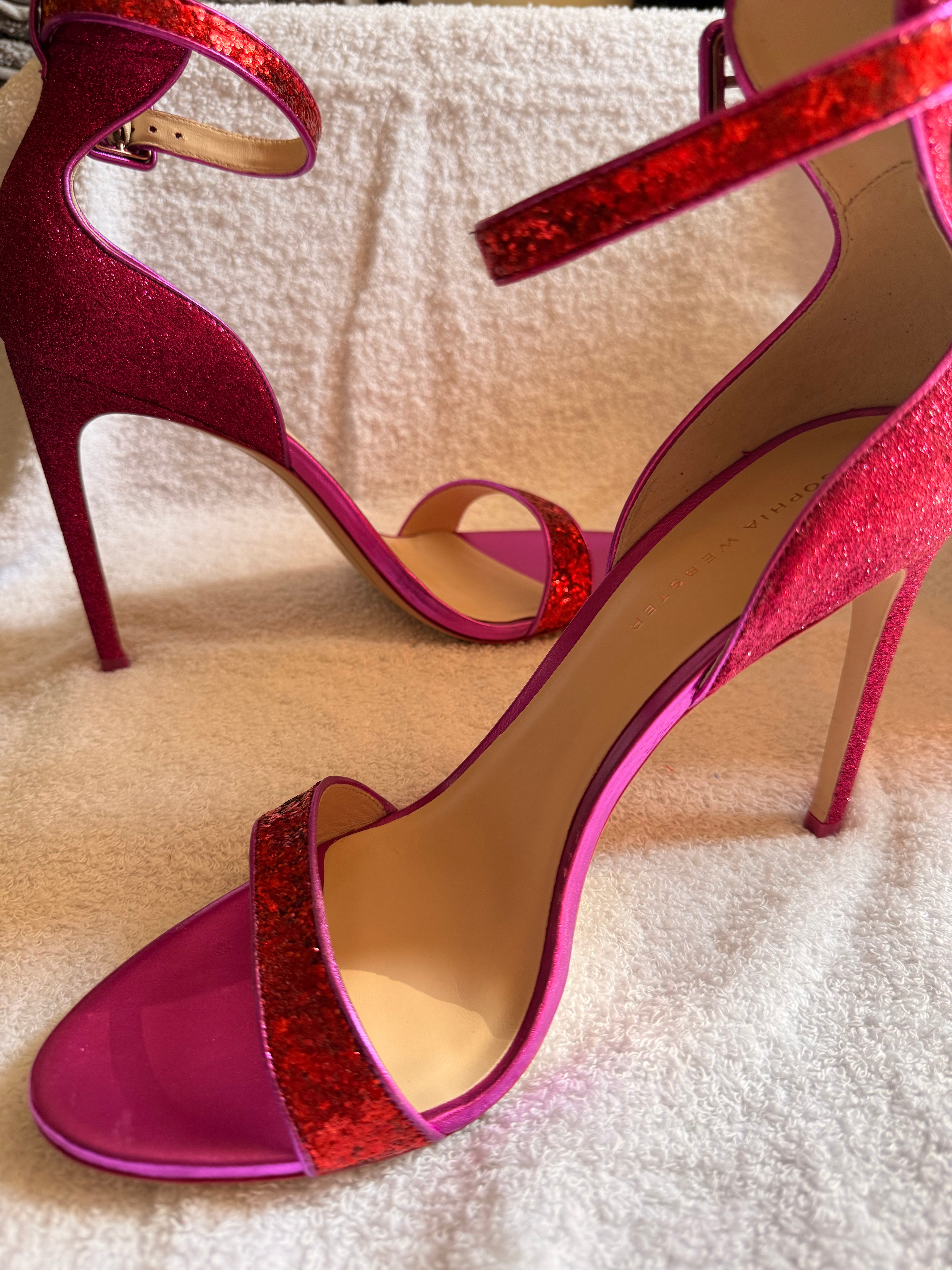 Sophia Webster Fuchsia Pink Glitter Ankle-Strap Heeled Sandals - Excellent Unworn Condition, Boxed