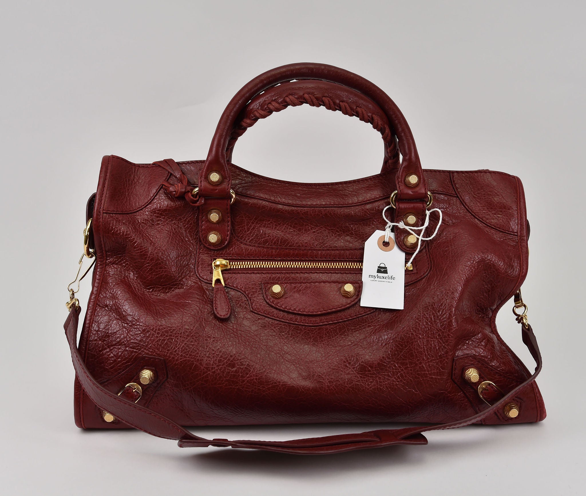 Pristine Balenciaga City Bag in Burgundy leather with gold hardware